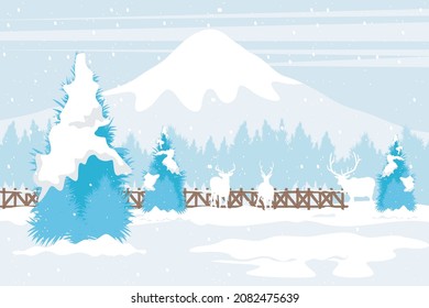 Merry Christmas. Beautiful winter scenery. A group of deer silhouettes against a backdrop of icy mountains and snowy trees illustration

