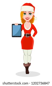 Merry Christmas. Beautiful woman in Santa Claus costume. Cheerful cartoon character holding tablet. Usable for greeting card, banner, poster, flyer. Vector illustration