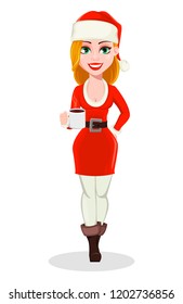 Merry Christmas. Beautiful woman in Santa Claus costume. Cheerful cartoon character holding cup of hot coffee. Usable for greeting card, banner, poster, flyer. Vector illustration