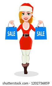 Merry Christmas. Beautiful woman in Santa Claus costume. Cheerful cartoon character holding paper bags. Usable for greeting card, banner, poster, flyer. Vector illustration