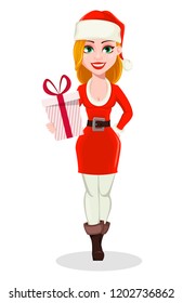 Merry Christmas. Beautiful woman in Santa Claus costume. Cheerful cartoon character holding gift box. Usable for greeting card, banner, poster, flyer. Vector illustration