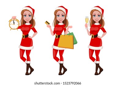 Merry Christmas. Beautiful Woman In Santa Claus Costume. Cute Cartoon Character. Vector Illustration On White Background