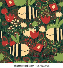 Merry Christmas Bee happy vector seamless pattern. Vector pattern for web page backgrounds, postcards, greeting cards, invitations, pattern fills, surface textures. Awesome for children bedroom.