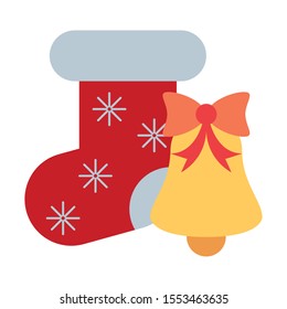 merry christmas bell and sock decoration icon vector illustration design