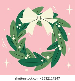 Merry Christmas with berry wreath. Winter xmas wreath. Christmas pine fluffy wreath with bow.Holiday fir tree garland. Festive winter season frame, vector spruce branches. Transparent background