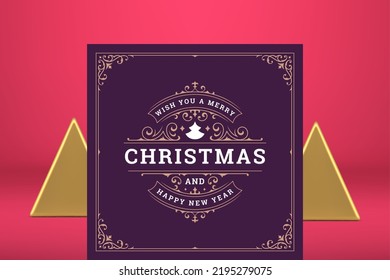 Merry Christmas best wishes curved purple greeting card vintage design vector illustration. Happy New Year retro banner curly premium frame violet old fashioned decorative post winter holiday congrats