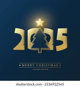 Merry Christmas, Best Wishes - Simple Dark and Gold Colored New Year Card, Cover or Background Design Template With Christmas Tree - 2025