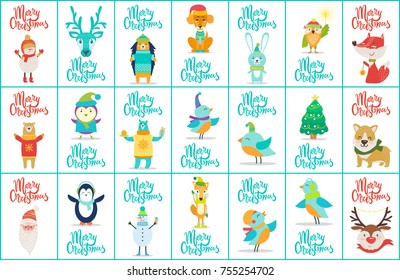 Merry Christmas, big collection, images of animals wearing warm clothes, Santa Claus, snowman and birds accompanied with headlines vector illustration