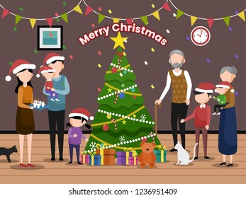 Merry Christmas with a big family and beautiful christmas tree & beautiful decoration Illustration