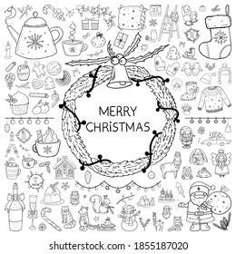 Merry Christmas big hand drawn doodle set - all elements, decorations and characters. Outline vector illustration, New Year holiday mega pack