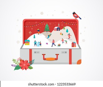 Merry Christmas, Big open suitcase with winter scene and small people, young men and women, families having fun in snow, skiing, snowboarding, sledding, ice skating. Concept vector illustration