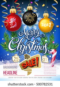 Merry Christmas big sale 2017 Vector lettering on blue background  poster card with garlands, tree branches, snowflakes. Design Poster Black Friday, big sale.