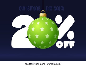 Merry christmas big Sale banner. Christmas Sale 20 percent off banner template with decorated ball hang on a thread. Happy new year and xmas Vector illustration