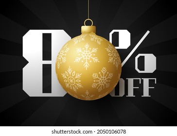 Merry christmas big Sale banner. Luxury Christmas Sale 80 percent off black royal banner template with decorated golden ball hang on a thread. Happy new year and xmas Vector illustration