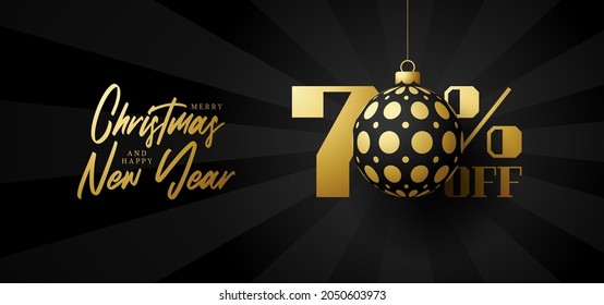Merry christmas big Sale banner. Luxury Christmas Sale 70 percent off black royal banner template with decorated golden ball hang on a thread. Happy new year and xmas Vector illustration