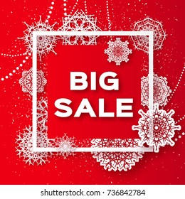 Merry Christmas Big Sale for Promotion. Paper cut Snowflakes banner. Origami Decorations. Snowy winter season. Happy New Year. Square Frame. Text. Snowfall. Garland.Red background. Vector