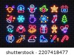 Merry christmas big set neon icons in neon style on light background. Merry christmas neon, great design for any purposes. Party decoration. Vector holiday illustration