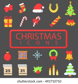 Merry christmas big set simple color flat icon