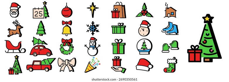 Merry Christmas Big Set Web Icons. New Year, Decoration, Christmas Tree, Snowman, Gift Box. Vector in Line Style Icons
