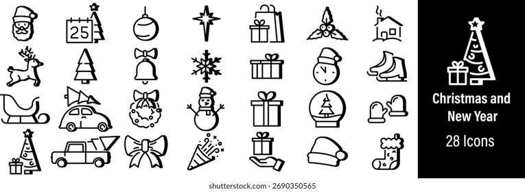Merry Christmas Big Set Web Icons. New Year, Decoration, Christmas Tree, Snowman, Gift Box. Vector in Line Style Icons