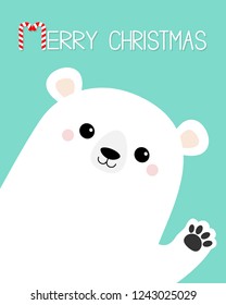Merry Christmas. Big white polar bear waving hand paw print. Cute cartoon funny kawaii baby character. Happy New Year. Greeting Card. Flat design. Blue background. Greeting card. Vector