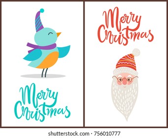 Merry Christmas, bird dressed in hat and purple scarf and image of Santa Claus that symbolize approaching of winter holiday on vector illustration