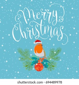 merry christmas with bird and wreath. Handmade letter vector illustration