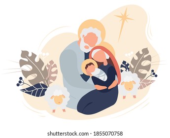 Merry Christmas. The birth of the baby Savior Jesus Christ. Virgin Mary and Joseph Holy Family, star of Bethlehem and sheep on a pink background with tropical leaves and decor. Vector 