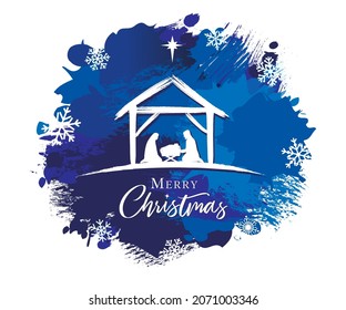 Merry Christmas    Birth Christ  brush   ink grunge greeting card  Nativity scene and Jesus in manger  Mary  Joseph   star  Art drawing vector illustration
