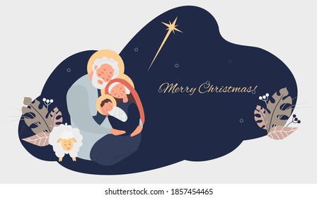 Merry Christmas. Birth of the Savior Christ. Virgin Mary, Joseph and baby Jesus, the star of Bethlehem and sheep on blue background with tropical leaves, decor and congratulations. Vector illustration