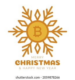 Merry Christmas bitcoin symbol banner. bitcoin sign as christmas bauble ball hanging greeting card. Vector image for xmas, finance, new years day, banking, money