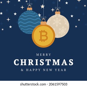 Merry Christmas bitcoin symbol banner. bitcoin sign as christmas bauble ball hanging greeting card. Vector image for xmas, finance, new years day, banking, money