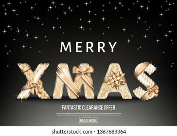 Merry Christmas black background with golden decorative letters with  gold gift bow, ribbon. Xmas text. Winter holiday decoration. Vector greeting card template.