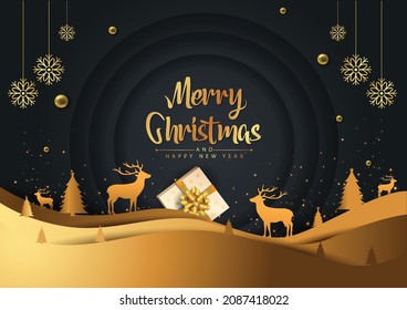 Merry Christmas black background. Christmas golden hill with snowflakes. web banner Vector illustration design