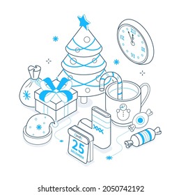 Merry Christmas - black and blue isometric line illustration. Miscellaneous holiday celebration symbols. Magic picture with festive mood. Present, christmas tree, calendar, eve, december, midnight