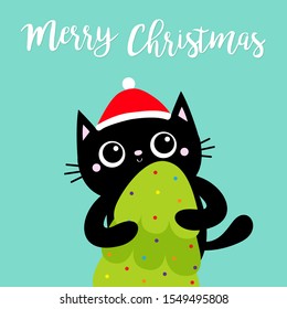 Merry Christmas. Black cat holding fir tree. Red Santa Claus hat. Kitty kitten standing. Funny Kawaii animal. Kids print. Cute cartoon baby character. Pet collection Flat design Blue background Vector