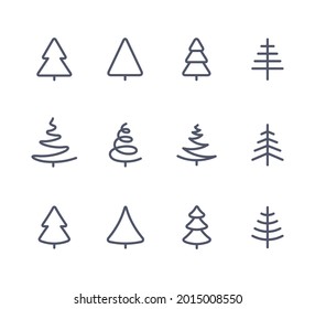 Merry Christmas Black Fir Trees Icons Set in Modern Style isolated on white background. Vector Illustration. Season Greetings winter simple logo collection