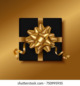 Merry Christmas black gift box with gold bow. Top view, vector illustration.