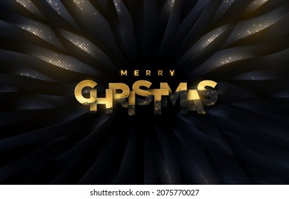 Merry Christmas black and golden sign with glitters. Vector holiday illustration. Festive decoration. Black organic pattern background with shimmering particles. Xmas poster. Festive banner design