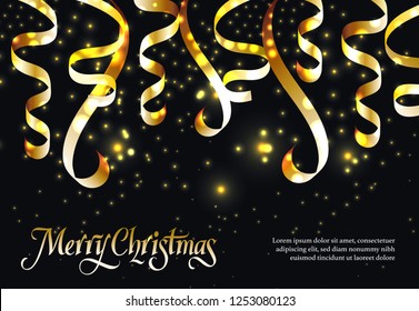 Merry Christmas black greeting card. Calligraphy with golden confetti bands on black background with sparkle and sample text. Can be used for posters, postcards, greetings