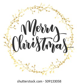 Merry Christmas black hand written inscription with gold floral wreath on white background