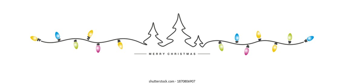 Merry Christmas black handwritten line design Christmas tree colorful Christmas lights white isolated background banner vector