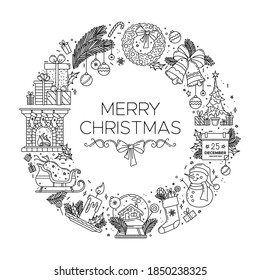 Merry Christmas black linear illustration. Thick line outline symbols arranging in a circle. Vector New year monocolor concept. Contour pictograms. Editable stroke