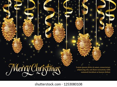 Merry Christmas black postcard with strobilas and confetti. Calligraphy with golden strobillas and confetti on background with sparkles and sample text. Can be used for posters, postcards, greetings