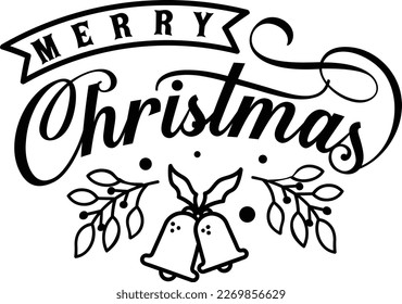 Merry Christmas black, Christmas quote handwritten on black background decorated with red santa hat and mittens. Winter holidays greeting, calligraphy inscription.