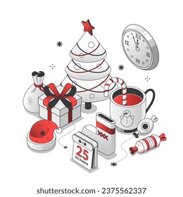 Merry Christmas - black and red isometric line illustration