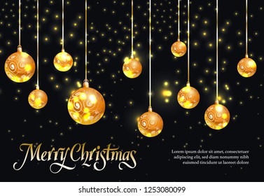 Merry Christmas black stylish postcard. Calligraphy with golden balls tree decorations on black background with sparkles and sample text. Can be used for posters, postcards, greetings