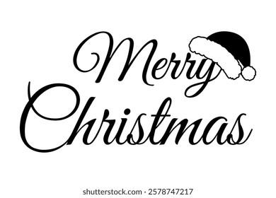 Merry Christmas black text inscription and Santa Hat on letter New Year Greeting design element idea