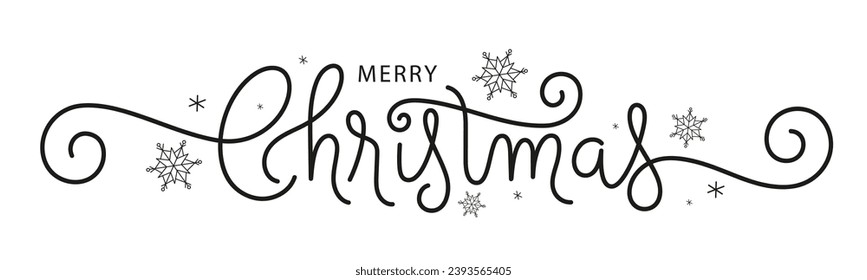 MERRY CHRISTMAS cartel de caligrafía en monolina vectorial negro con copos de nieve y florece sobre fondo blanco