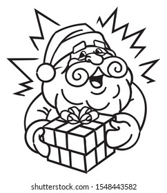 Merry Christmas! Black and white colour Santa Claus holding Christmas present gift.